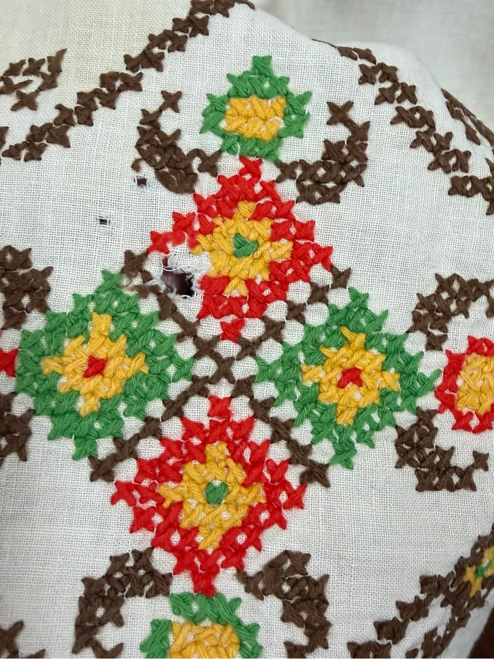 Vintage Handmade Cross Stitch Folk Art Floral Apron Cottagecore Retro Pockets